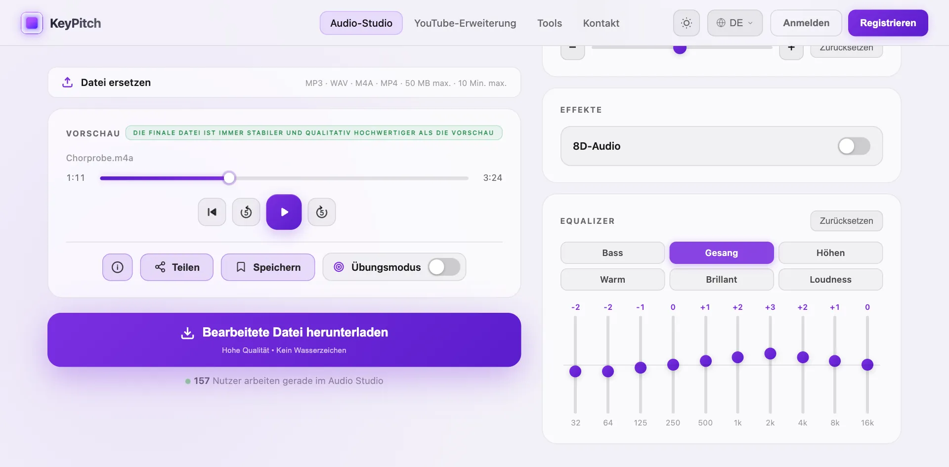 Das KeyPitch Audio-Studio, geöffnet vom Online-Equalizer aus: dieselbe Datei, mit aktivem Preset Gesang im 10-Band-Equalizer und bereitem Herunterladen-Button