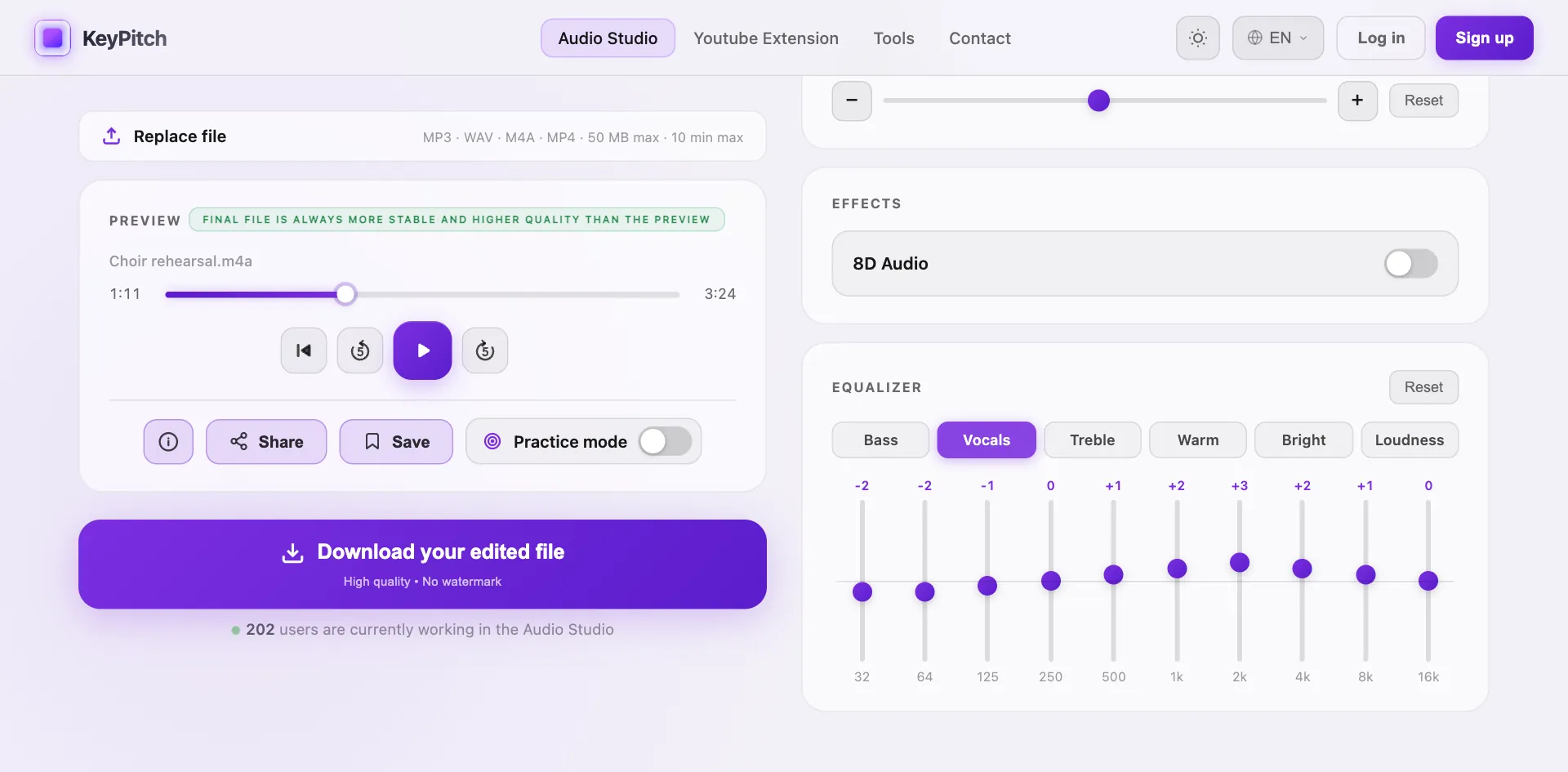 The KeyPitch Audio Studio opened from the online equalizer: the same file, with the Vocals preset on in its 10-band equalizer and Download ready