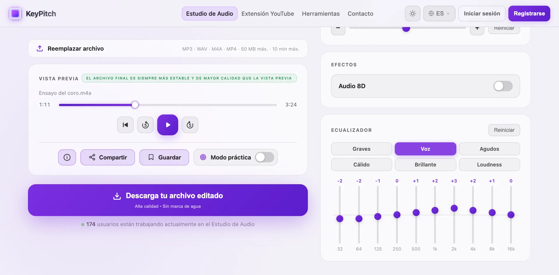 El Estudio de Audio de KeyPitch abierto desde el ecualizador online: el mismo archivo, con el preset Voz activado en su ecualizador de 10 bandas y Descargar listo