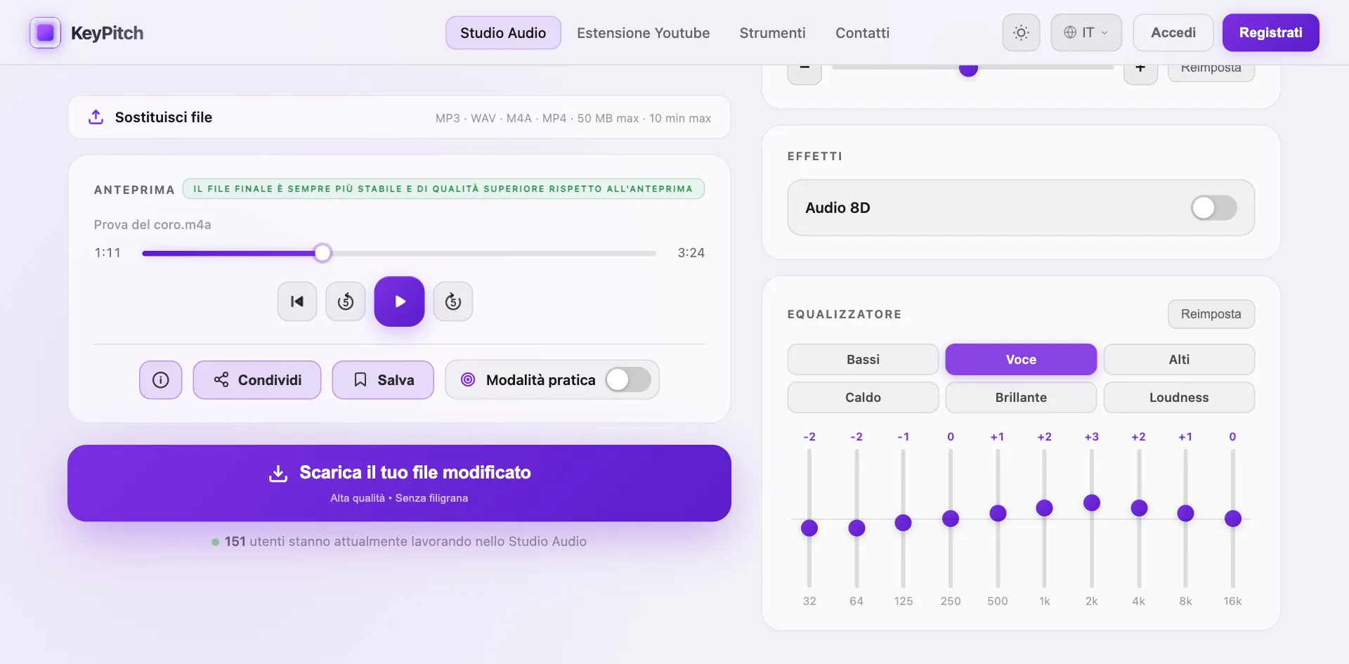Lo Studio Audio KeyPitch aperto dall'equalizzatore online: lo stesso file, con il preset Voce attivo nell'equalizzatore a 10 bande e il pulsante Scarica pronto
