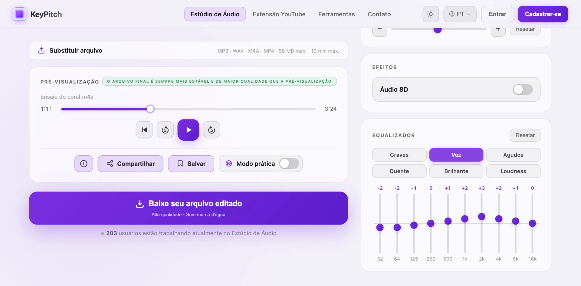 O Estúdio de Áudio KeyPitch aberto a partir do equalizador online: o mesmo arquivo, com o preset Voz ligado no equalizador de 10 bandas e o botão Baixar pronto