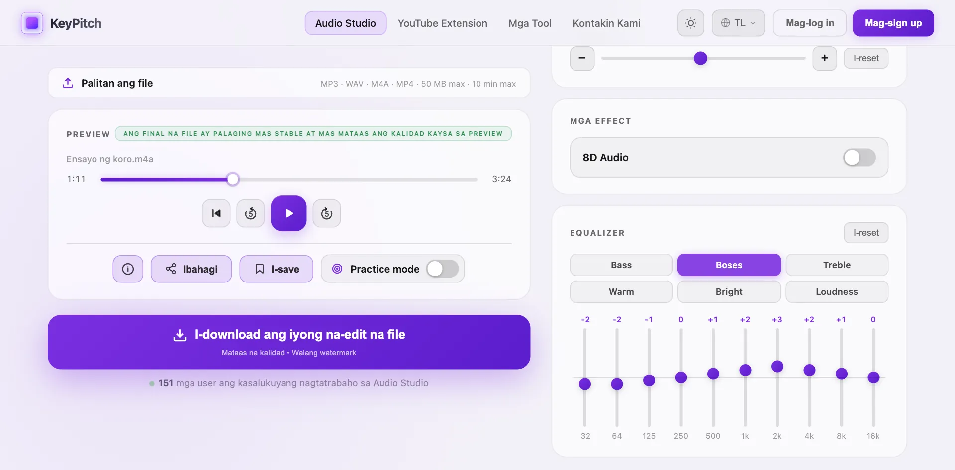 Ang KeyPitch Audio Studio na binuksan mula sa online equalizer: ang parehong file, naka-on ang Boses na preset sa 10-band equalizer nito at handa na ang I-download