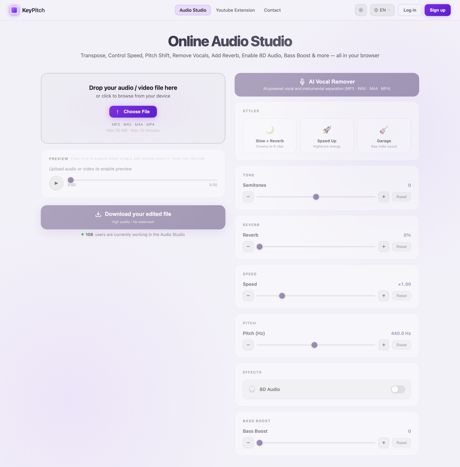 The KeyPitch Audio Studio — a vocal coach transposing a song and exporting a practice track in the student's key
