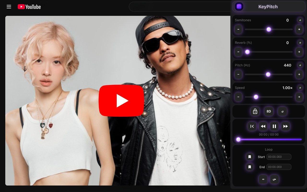 KeyPitch Chrome extension showing the semitones slider on a YouTube video