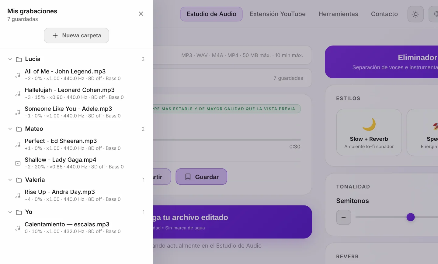 Mis grabaciones: una carpeta por alumno, cada canción guardada con los ajustes correctos.