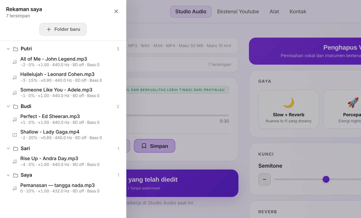 Rekaman saya: satu folder per murid, setiap lagu tersimpan dengan pengaturan yang tepat.