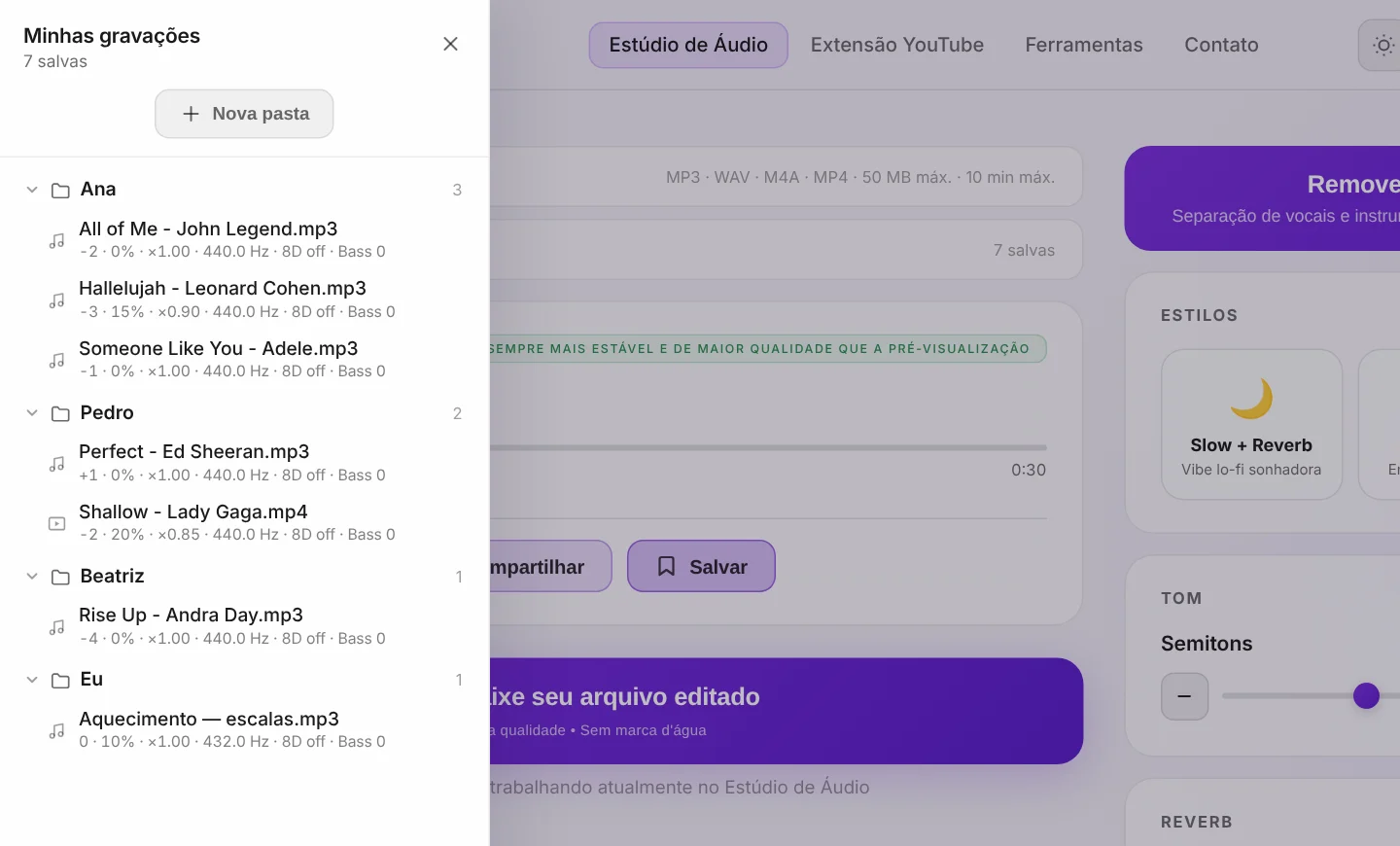 Minhas gravações: uma pasta por aluno, cada música guardada com as definições certas.