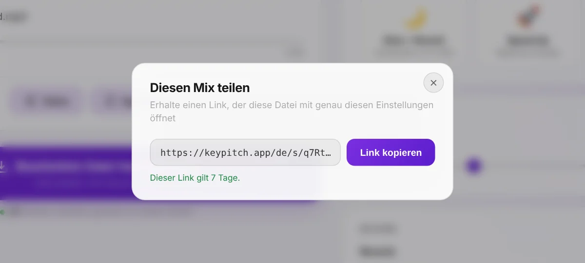 Teilen: ein Link, der deine Datei mit genau deinen Einstellungen öffnet — kostenlos und 7 Tage gültig.