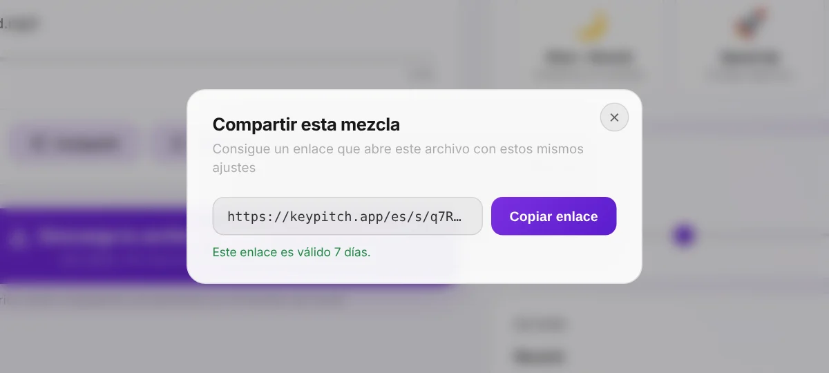 Compartir: un enlace que abre tu archivo con tus ajustes exactos — gratis y válido 7 días.