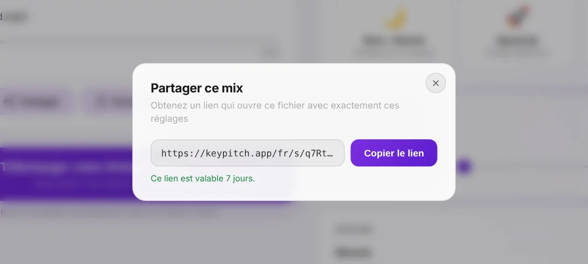 Partager : un lien qui ouvre votre fichier avec vos réglages exacts — gratuit et valable 7 jours.