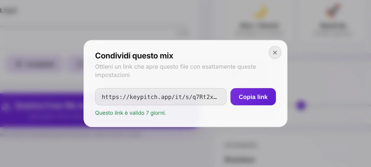 Condividi: un link che apre il tuo file con le tue impostazioni esatte — gratuito e valido 7 giorni.