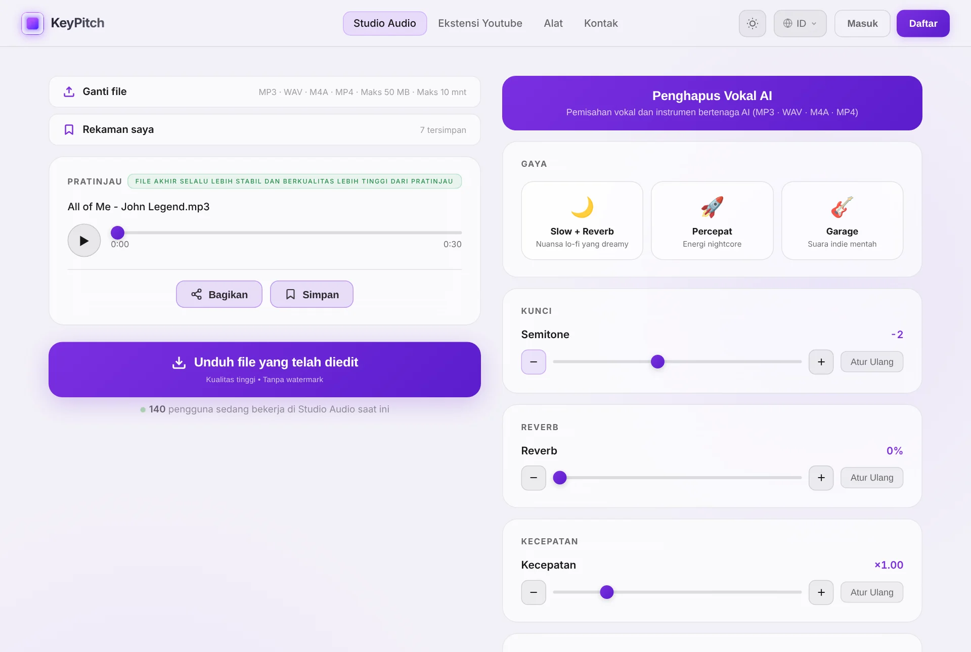KeyPitch Audio Studio — kunci, tempo, penghapusan vokal dengan AI, dan ekspor pada track yang sama, dalam satu tab browser.