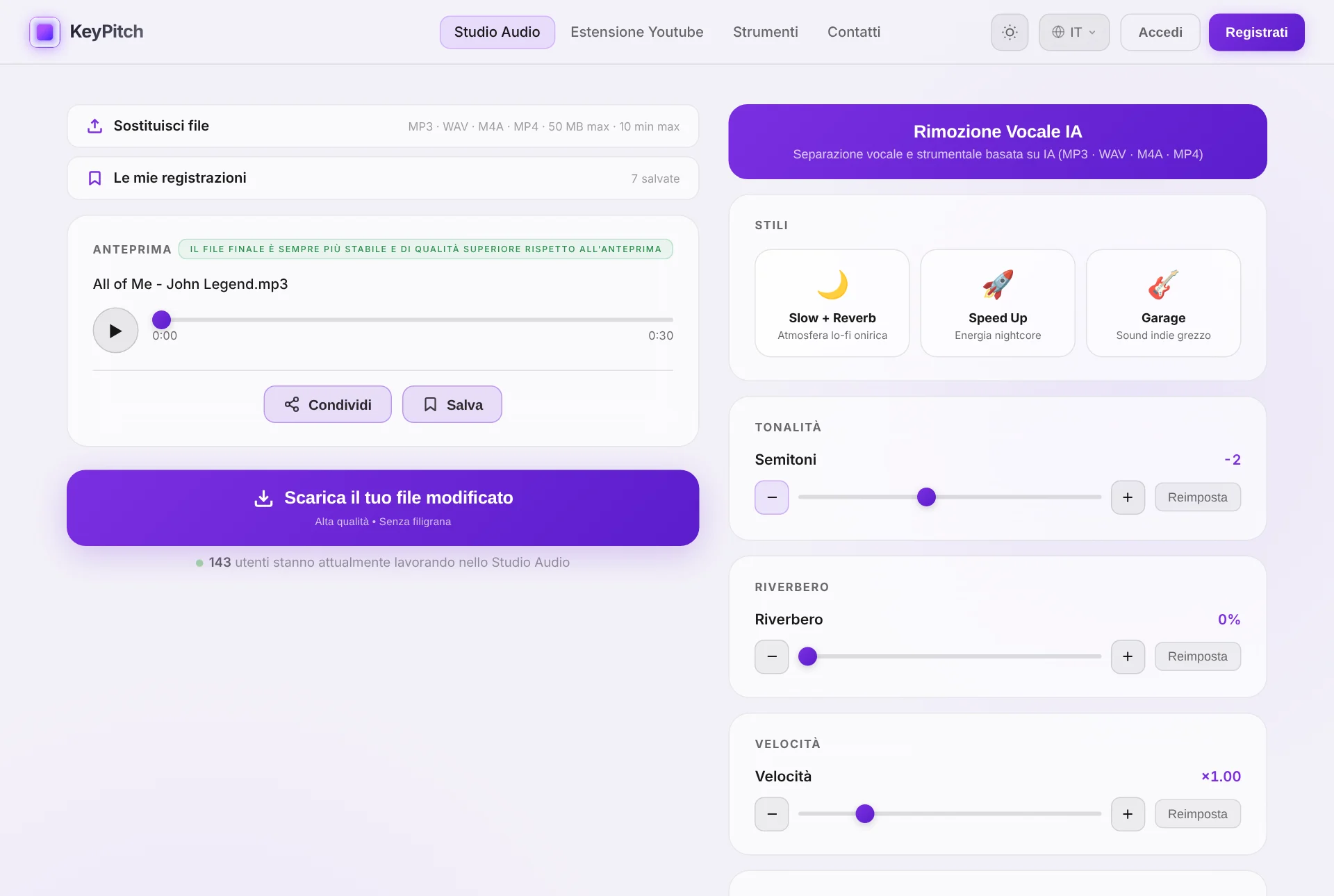 L'Audio Studio di KeyPitch — tonalità, tempo, rimozione della voce con AI ed esportazione sulla stessa traccia, in una sola scheda del browser.