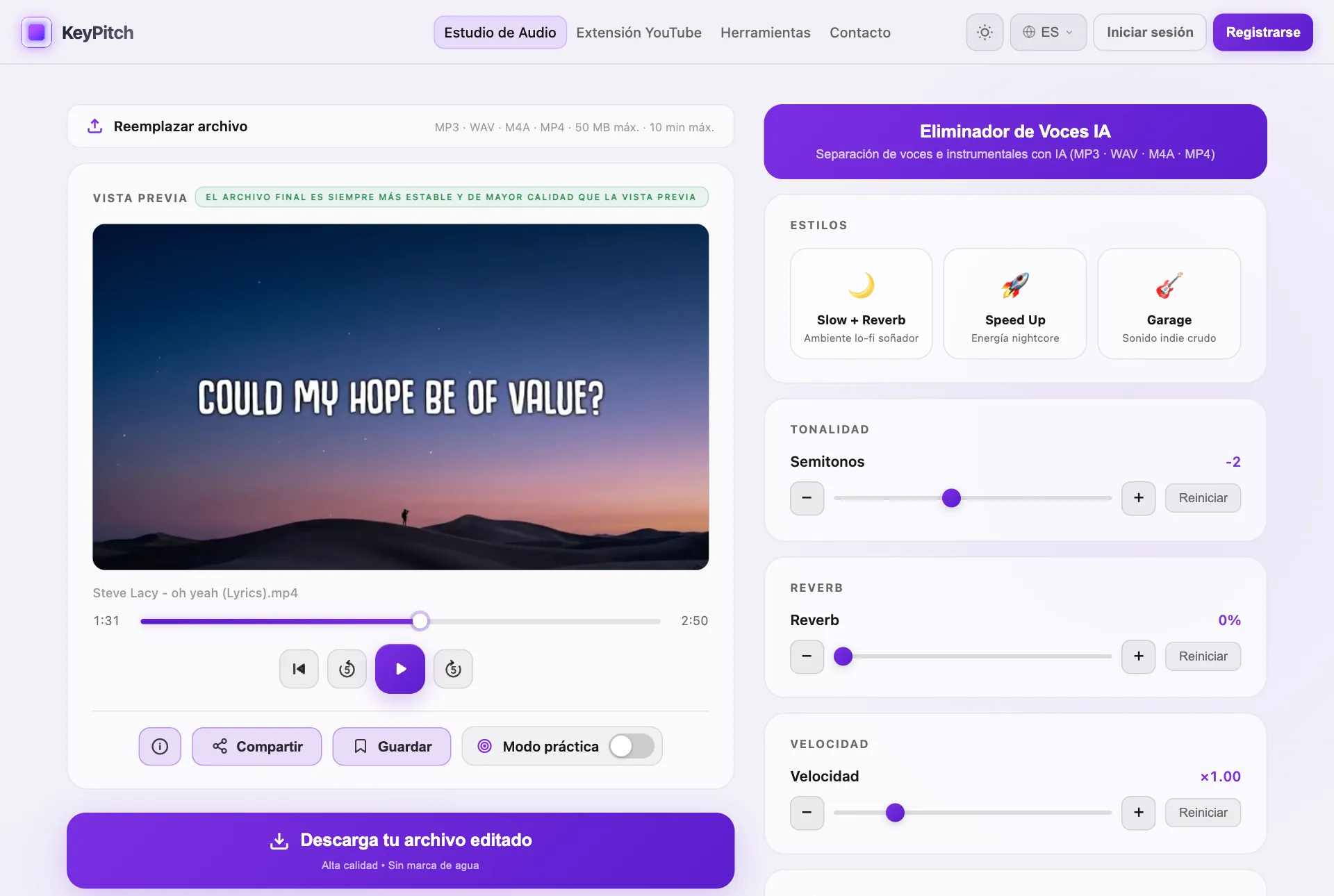 Programa de alabanza KeyPitch: una canción de alabanza bajada 2 semitonos en el Estudio de Audio, lista para descargar en la tonalidad del cantante