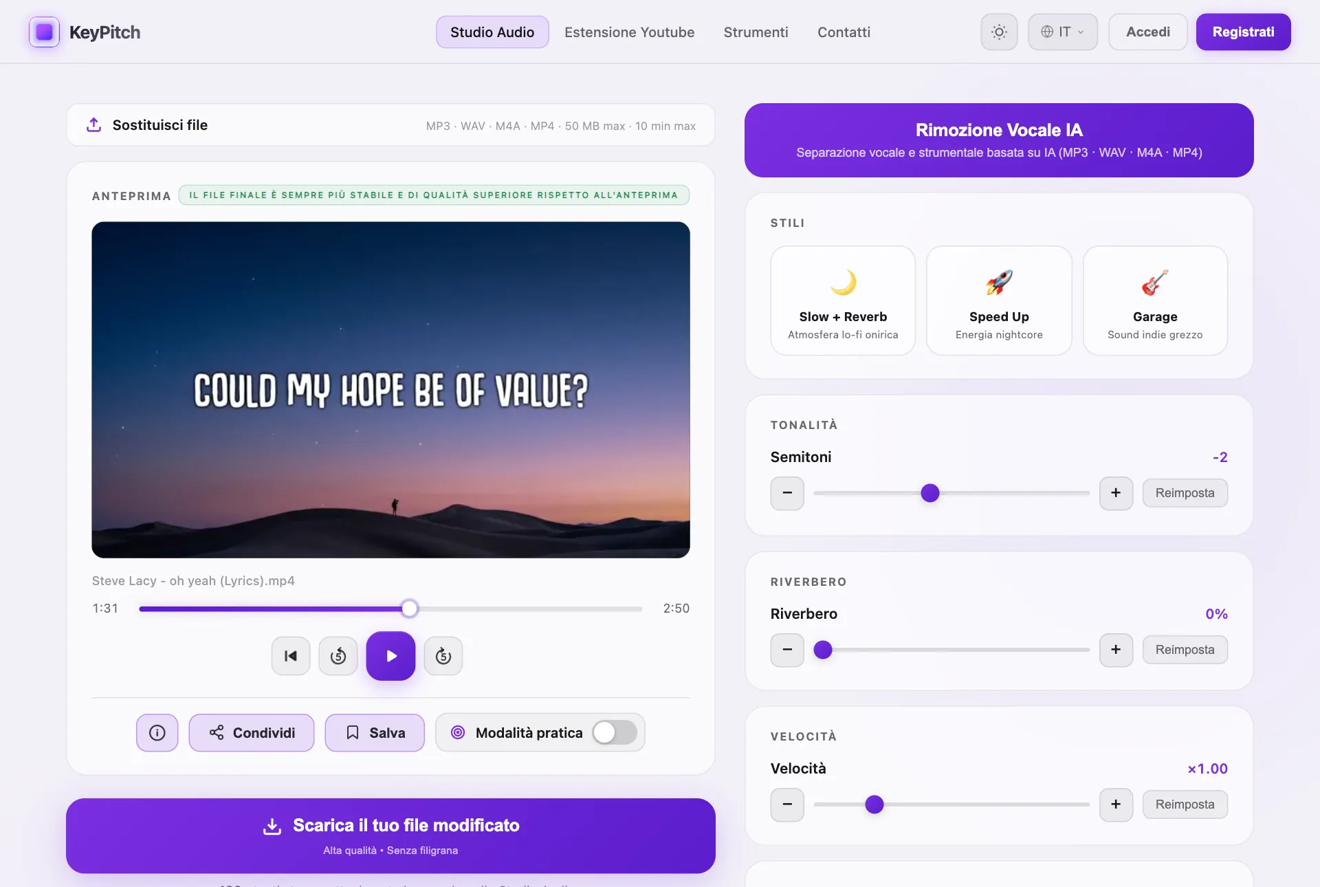 Software per la lode KeyPitch: un canto di lode abbassato di 2 semitoni nello Studio Audio, pronto da scaricare nella tonalità del cantante