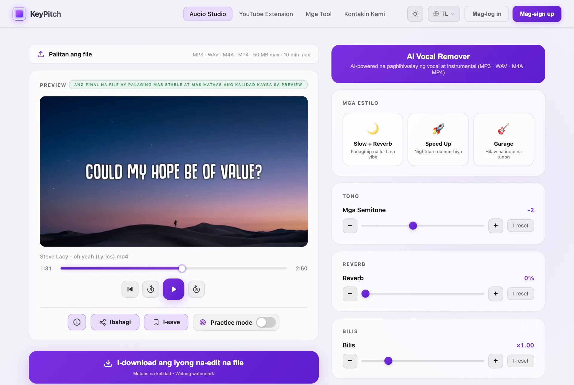 KeyPitch worship music software: isang worship song na ibinaba nang 2 semitones sa Audio Studio, handang i-download sa key ng singer