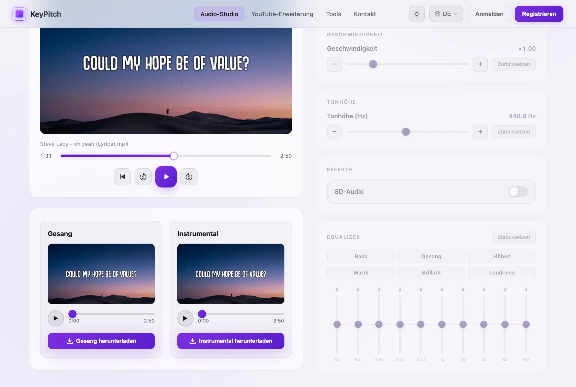 KI-Gesangsentferner von KeyPitch: ein Lied getrennt in Gesang und Instrumental, jedes mit eigenem Download-Button, für ein Lobpreis-Playback