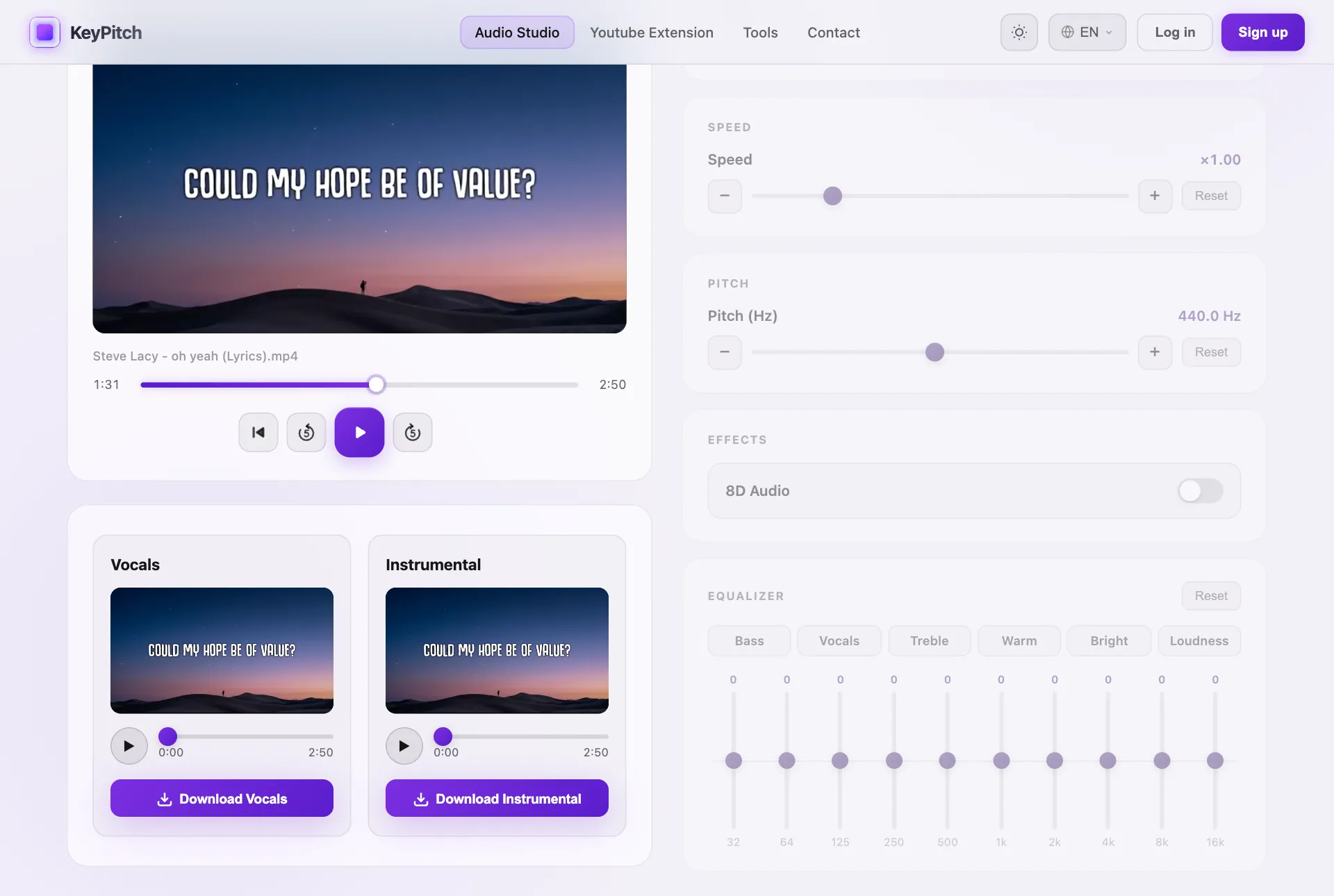 KeyPitch AI Vocal Remover: a song split into vocals and instrumental, each with its own Download button, to make a worship backing track