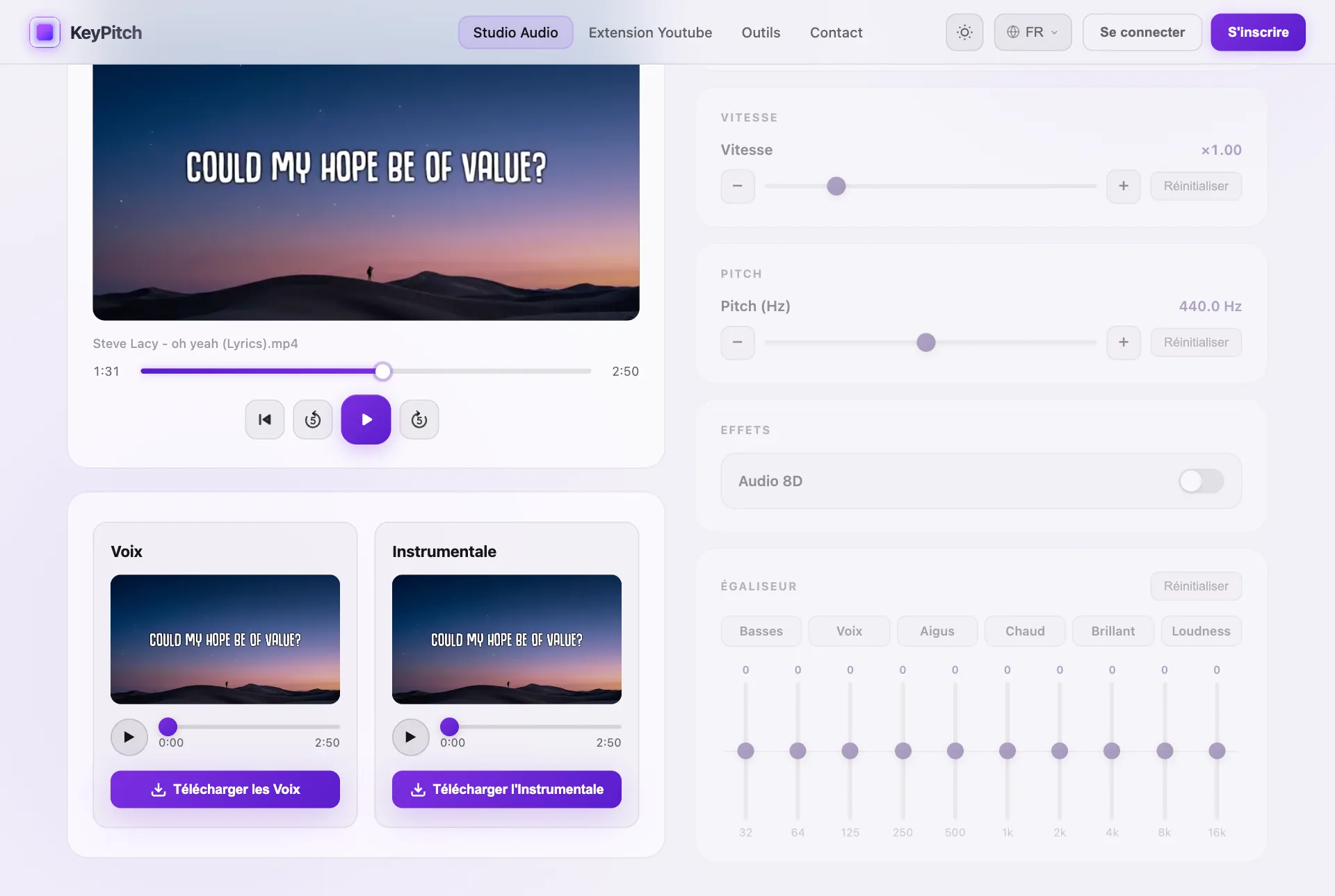 Séparation Vocale IA de KeyPitch : un chant séparé en voix et instrumentale, chacune avec son bouton Télécharger, pour créer un playback de louange
