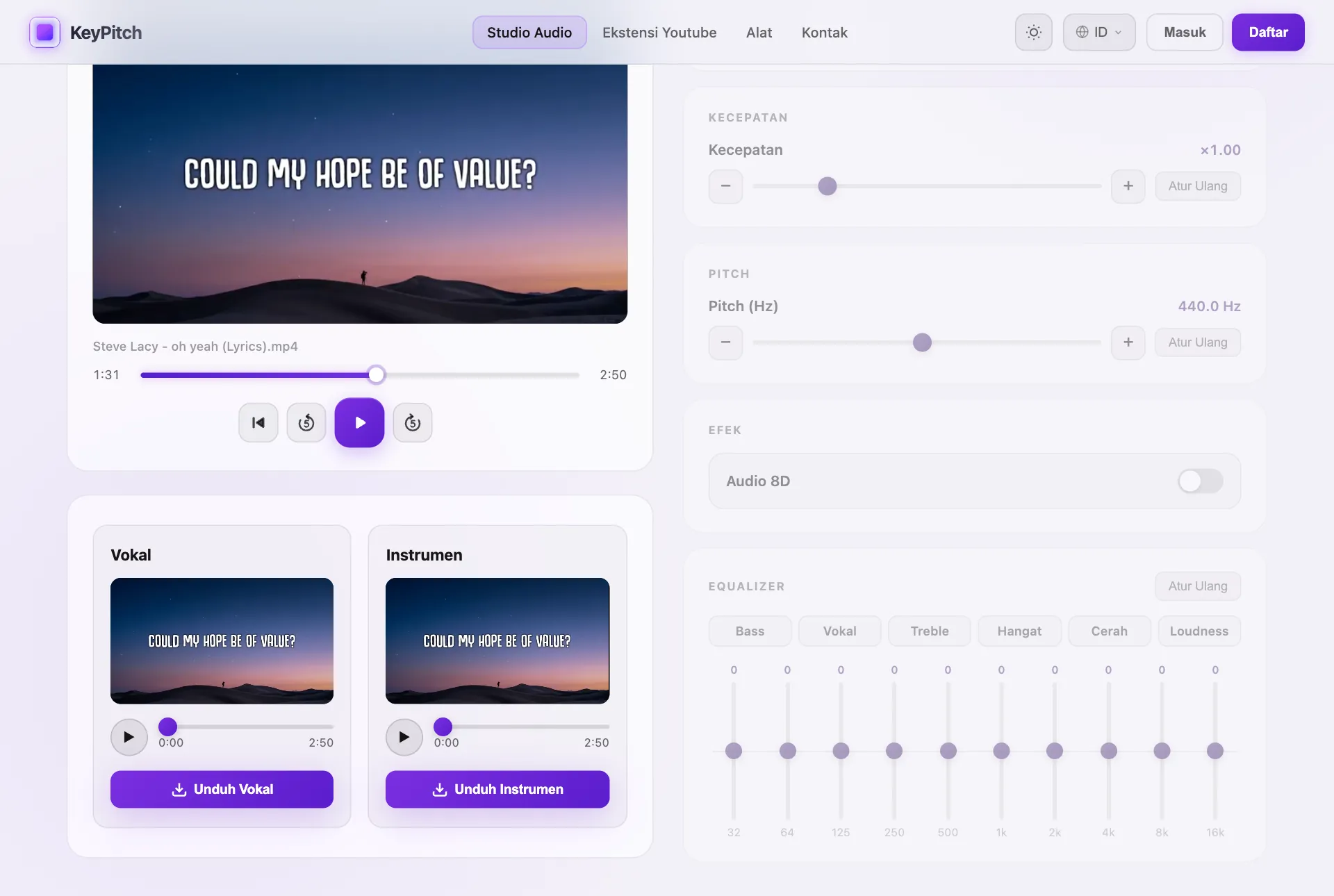 Penghapus Vokal AI KeyPitch: lagu yang dipisahkan menjadi vokal dan instrumen, masing-masing dengan tombol Unduh, untuk membuat minus one lagu pujian
